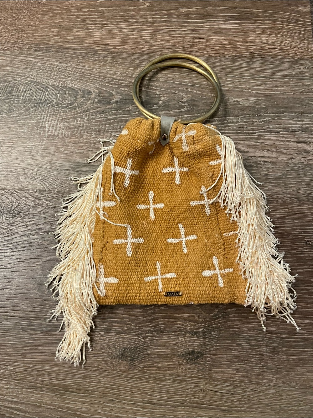 Gaia Handwoven Mustard Fringe Ring-Handle Bag